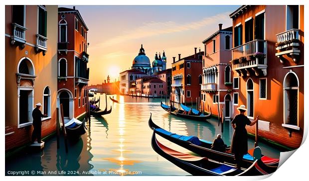 Scenic view of the Grand Canal in Venice with gondolas and historic buildings during sunset, reflecting the warm glow of the sun on the water. Print by Man And Life