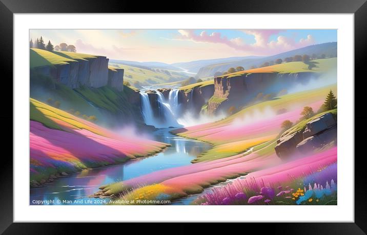 Idyllic landscape with waterfalls, river, and colorful fields under a soft, sunny sky. Framed Mounted Print by Man And Life