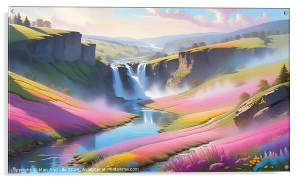 Idyllic landscape with waterfalls, river, and colorful fields under a soft, sunny sky. Acrylic by Man And Life