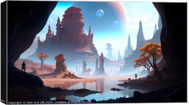 Surreal alien landscape with towering rock formations, a reflective water body, trees, and a human silhouette, under a sky with large planets and floating bubbles. Canvas Print by Man And Life