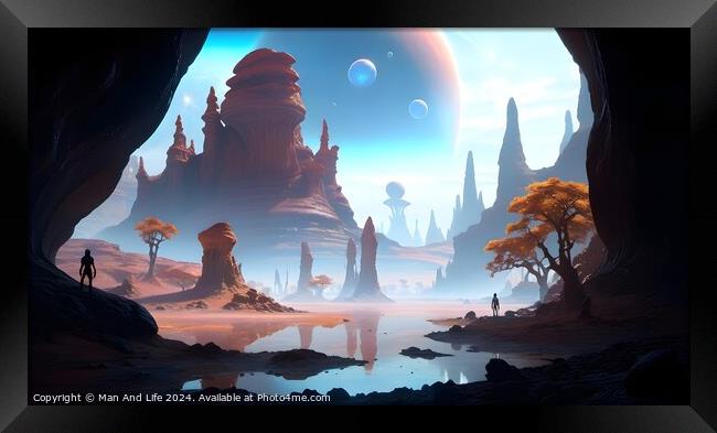Surreal alien landscape with towering rock formations, a reflective water body, trees, and a human silhouette, under a sky with large planets and floating bubbles. Framed Print by Man And Life