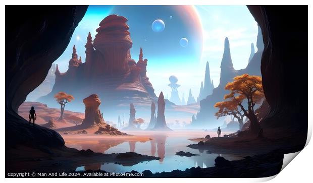 Surreal alien landscape with towering rock formations, a reflective water body, trees, and a human silhouette, under a sky with large planets and floating bubbles. Print by Man And Life
