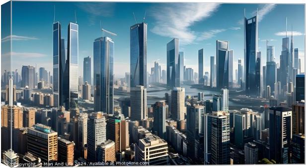 Futuristic city skyline with skyscrapers and hazy atmosphere under blue sky. Canvas Print by Man And Life