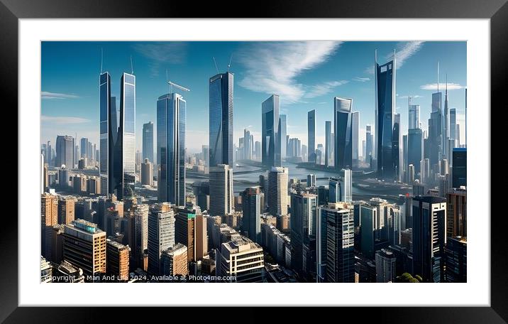 Futuristic city skyline with skyscrapers and hazy atmosphere under blue sky. Framed Mounted Print by Man And Life