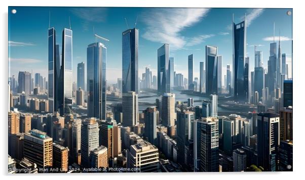 Futuristic city skyline with skyscrapers and hazy atmosphere under blue sky. Acrylic by Man And Life