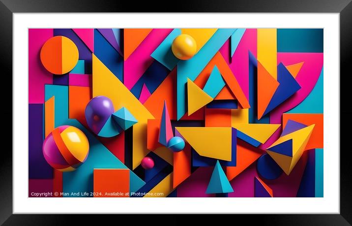 Abstract colorful background with geometric shapes and spheres. Vibrant 3D composition. Framed Mounted Print by Man And Life