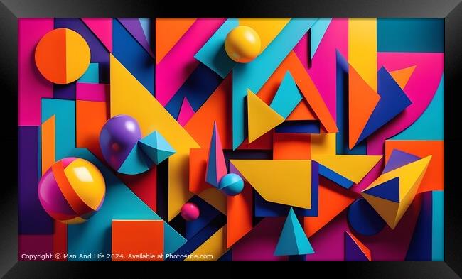 Abstract colorful background with geometric shapes and spheres. Vibrant 3D composition. Framed Print by Man And Life
