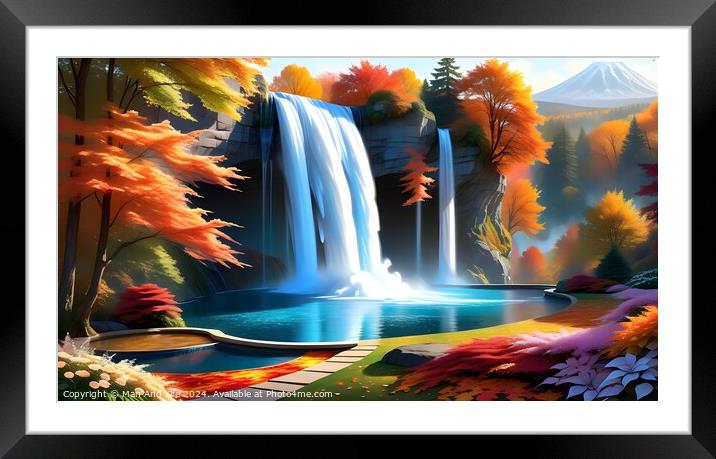 Vibrant digital art of a serene waterfall with autumn-colored trees and a tranquil blue pond, set against a backdrop of a distant mountain and clear sky. Framed Mounted Print by Man And Life