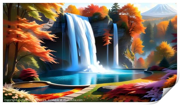 Vibrant digital art of a serene waterfall with autumn-colored trees and a tranquil blue pond, set against a backdrop of a distant mountain and clear sky. Print by Man And Life