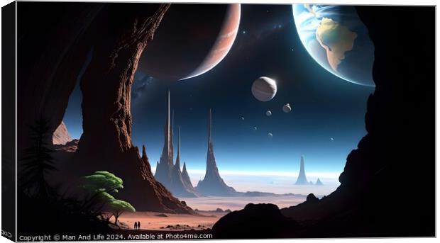 Surreal alien landscape with multiple moons and planets visible in the sky, towering spires, and exotic vegetation under a starlit sky, evoking a sense of exploration and science fiction. Canvas Print by Man And Life