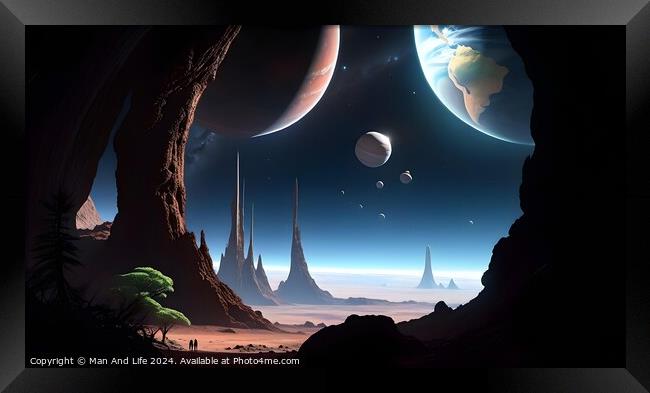 Surreal alien landscape with multiple moons and planets visible in the sky, towering spires, and exotic vegetation under a starlit sky, evoking a sense of exploration and science fiction. Framed Print by Man And Life
