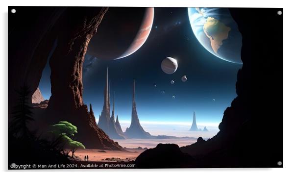 Surreal alien landscape with multiple moons and planets visible in the sky, towering spires, and exotic vegetation under a starlit sky, evoking a sense of exploration and science fiction. Acrylic by Man And Life