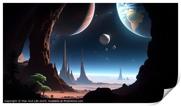 Surreal alien landscape with multiple moons and planets visible in the sky, towering spires, and exotic vegetation under a starlit sky, evoking a sense of exploration and science fiction. Print by Man And Life