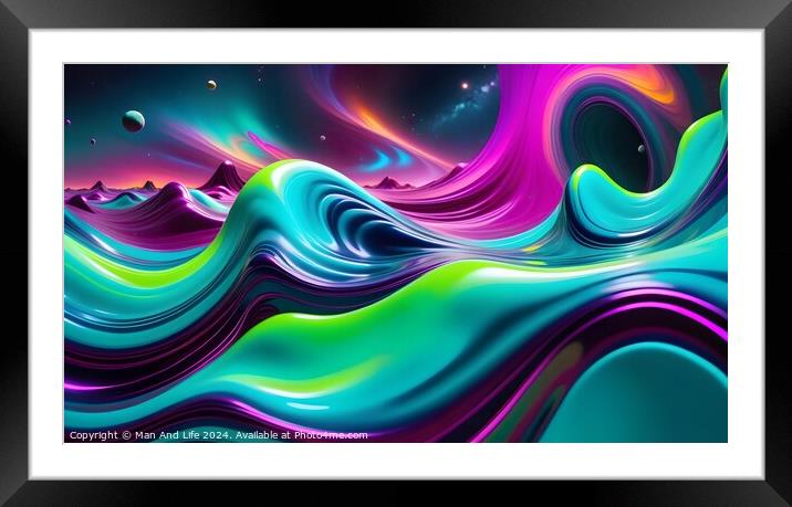 Vibrant abstract wave background with a fluid, dynamic mix of neon colors and 3D rendering, suitable for modern design themes. Framed Mounted Print by Man And Life