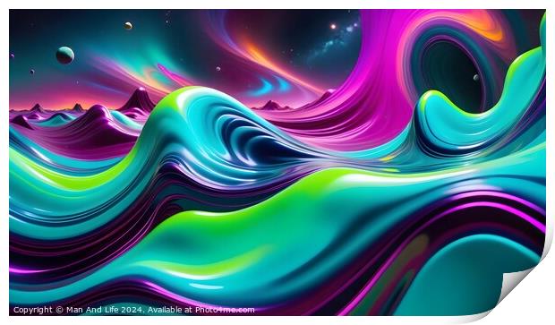 Vibrant abstract wave background with a fluid, dynamic mix of neon colors and 3D rendering, suitable for modern design themes. Print by Man And Life