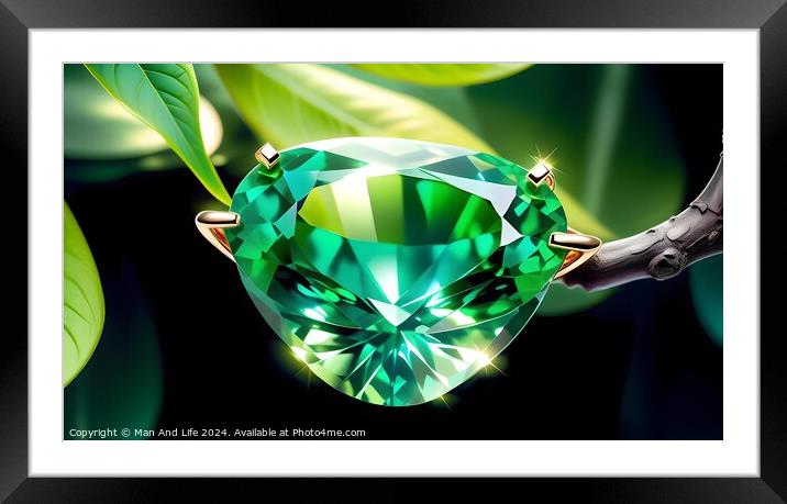 Brilliant green gemstone with facets reflecting light, elegantly held by prongs in a setting, against a backdrop of lush leaves and dark background. Framed Mounted Print by Man And Life