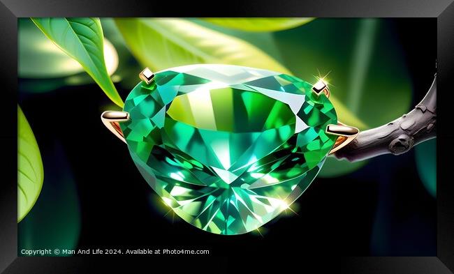 Brilliant green gemstone with facets reflecting light, elegantly held by prongs in a setting, against a backdrop of lush leaves and dark background. Framed Print by Man And Life