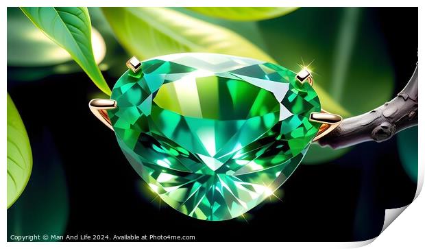 Brilliant green gemstone with facets reflecting light, elegantly held by prongs in a setting, against a backdrop of lush leaves and dark background. Print by Man And Life