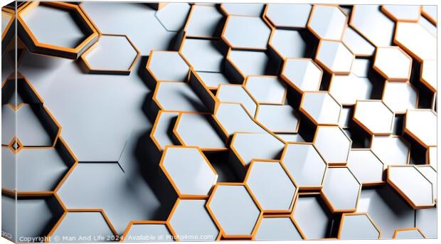 Abstract hexagonal geometric background with a 3D effect in white and orange tones, suitable for technology or science-themed designs. Canvas Print by Man And Life