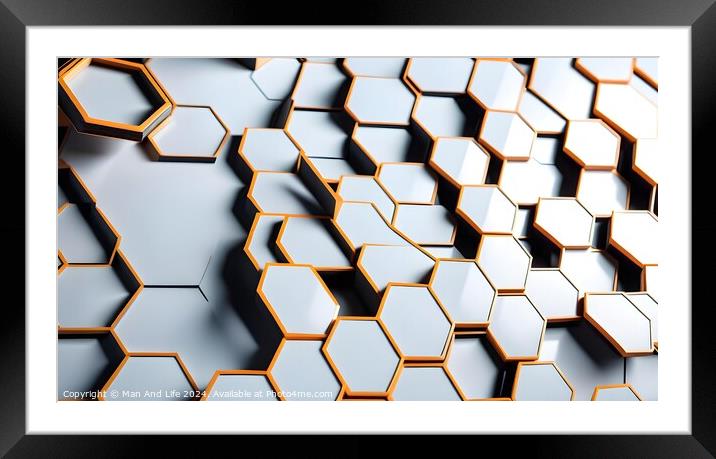 Abstract hexagonal geometric background with a 3D effect in white and orange tones, suitable for technology or science-themed designs. Framed Mounted Print by Man And Life