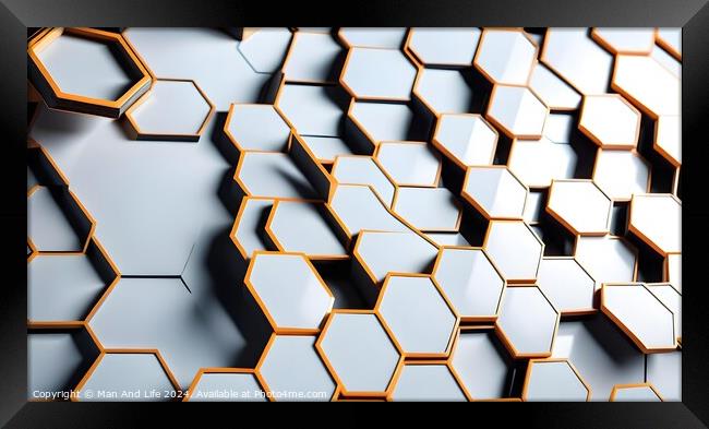 Abstract hexagonal geometric background with a 3D effect in white and orange tones, suitable for technology or science-themed designs. Framed Print by Man And Life