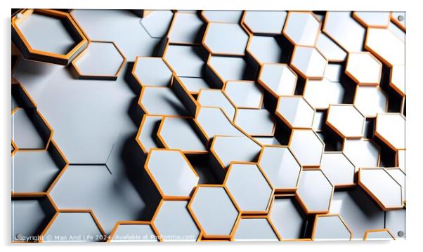 Abstract hexagonal geometric background with a 3D effect in white and orange tones, suitable for technology or science-themed designs. Acrylic by Man And Life