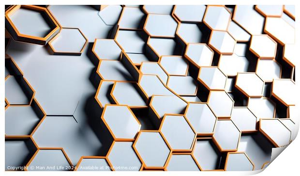Abstract hexagonal geometric background with a 3D effect in white and orange tones, suitable for technology or science-themed designs. Print by Man And Life