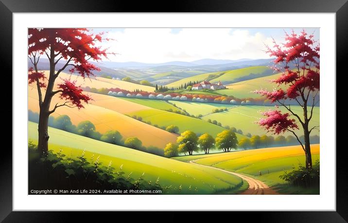 Idyllic landscape painting with vibrant rolling hills, a winding path, and red trees under a sunny sky, perfect for backgrounds or tranquil scenes. Framed Mounted Print by Man And Life