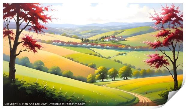 Idyllic landscape painting with vibrant rolling hills, a winding path, and red trees under a sunny sky, perfect for backgrounds or tranquil scenes. Print by Man And Life