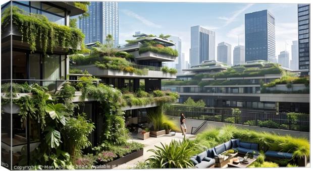 Modern eco-friendly architecture with green plants on balconies, urban skyline in the background. Canvas Print by Man And Life