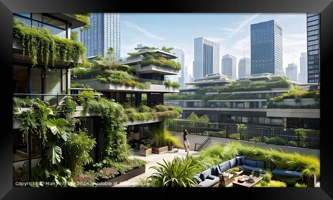 Modern eco-friendly architecture with green plants on balconies, urban skyline in the background. Framed Print by Man And Life