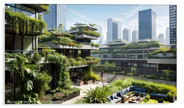 Modern eco-friendly architecture with green plants on balconies, urban skyline in the background. Acrylic by Man And Life