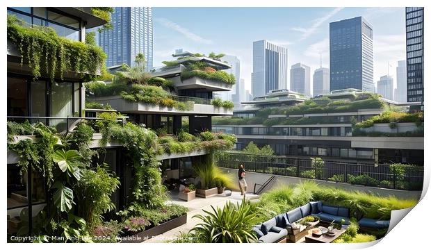 Modern eco-friendly architecture with green plants on balconies, urban skyline in the background. Print by Man And Life