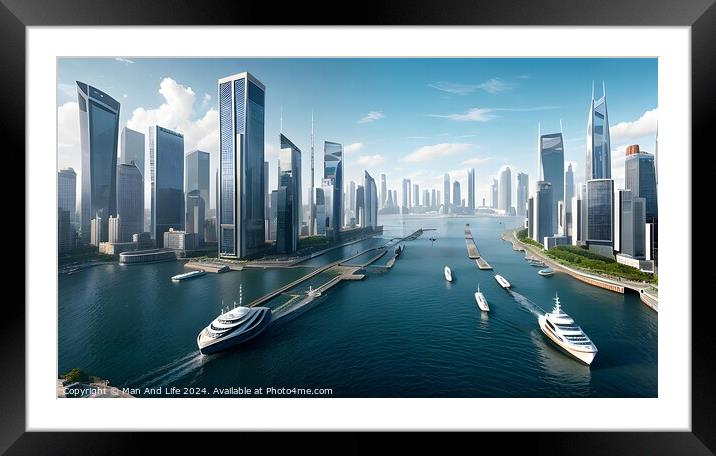 Futuristic cityscape with skyscrapers and waterways, modern boats cruising under clear skies. Framed Mounted Print by Man And Life