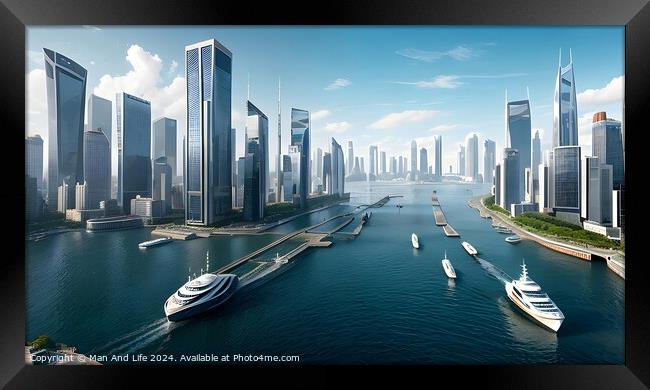 Futuristic cityscape with skyscrapers and waterways, modern boats cruising under clear skies. Framed Print by Man And Life