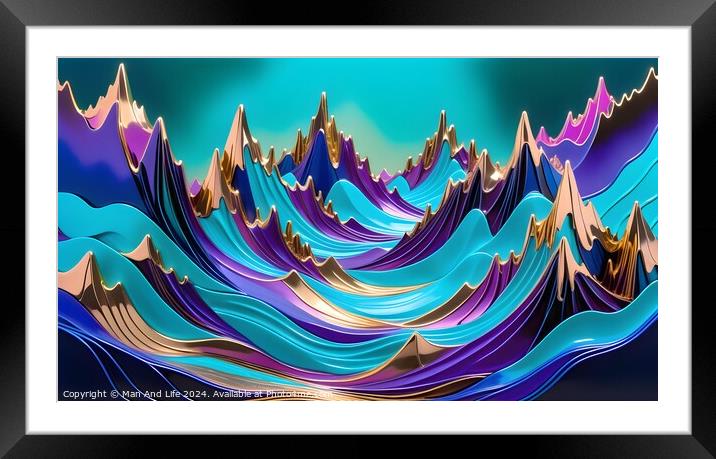 Abstract colorful wave patterns with a dynamic and fluid 3D effect on a teal background. Framed Mounted Print by Man And Life