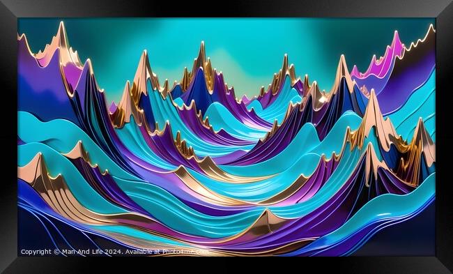 Abstract colorful wave patterns with a dynamic and fluid 3D effect on a teal background. Framed Print by Man And Life