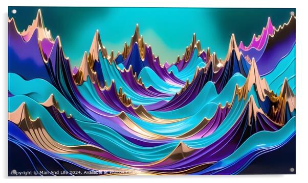 Abstract colorful wave patterns with a dynamic and fluid 3D effect on a teal background. Acrylic by Man And Life