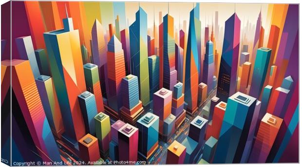 Colorful abstract cityscape illustration with geometric skyscrapers and vibrant hues, suitable for modern urban design concepts. Canvas Print by Man And Life