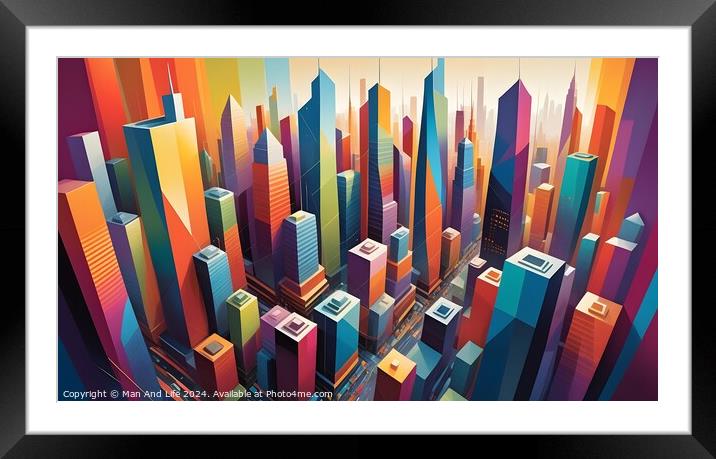 Colorful abstract cityscape illustration with geometric skyscrapers and vibrant hues, suitable for modern urban design concepts. Framed Mounted Print by Man And Life