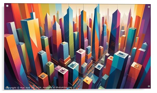 Colorful abstract cityscape illustration with geometric skyscrapers and vibrant hues, suitable for modern urban design concepts. Acrylic by Man And Life