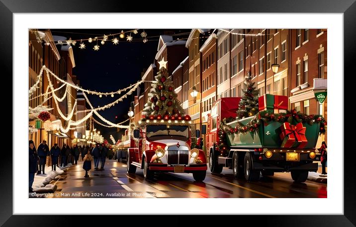 Festive holiday street with Christmas lights and decorations, featuring a tree and gifts on a vintage truck. Framed Mounted Print by Man And Life