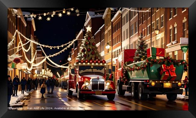Festive holiday street with Christmas lights and decorations, featuring a tree and gifts on a vintage truck. Framed Print by Man And Life