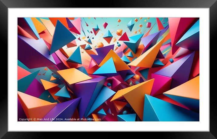 Vibrant 3D render of colorful geometric shapes exploding with dynamic motion, suitable for abstract backgrounds. Framed Mounted Print by Man And Life