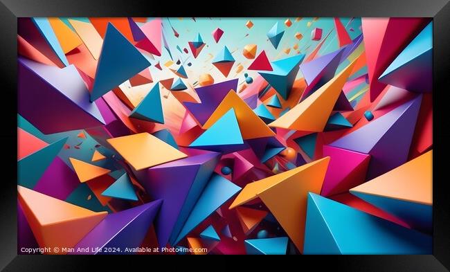 Vibrant 3D render of colorful geometric shapes exploding with dynamic motion, suitable for abstract backgrounds. Framed Print by Man And Life
