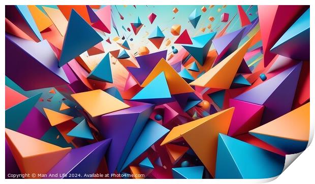 Vibrant 3D render of colorful geometric shapes exploding with dynamic motion, suitable for abstract backgrounds. Print by Man And Life