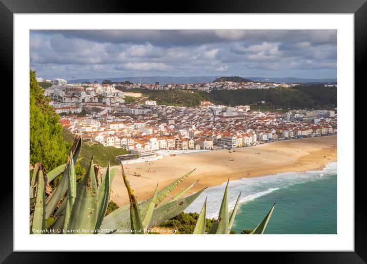 Aerial view of  Nazaré town and the Atlantic ocean, Portugal Framed Mounted Print by Laurent Renault