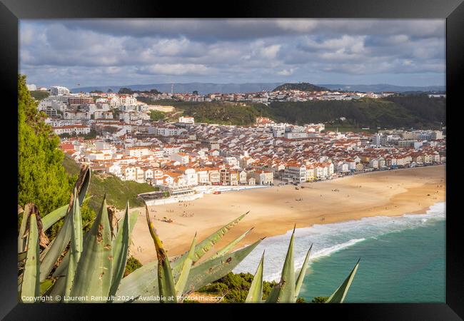 Aerial view of  Nazaré town and the Atlantic ocean, Portugal Framed Print by Laurent Renault