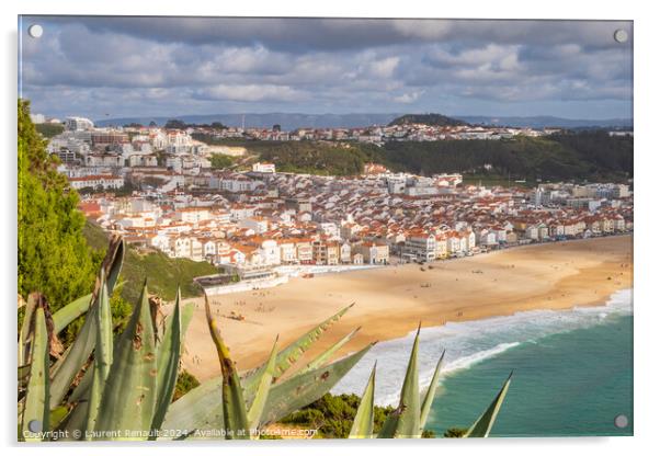 Aerial view of  Nazaré town and the Atlantic ocean, Portugal Acrylic by Laurent Renault