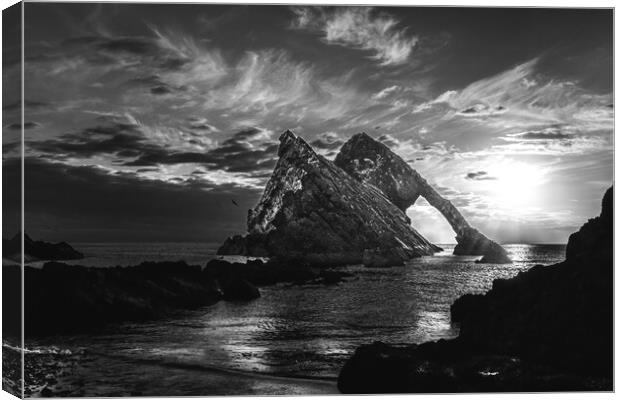 Sunrise at Bow Fiddle Rock in Black and White  Canvas Print by DAVID FRANCIS